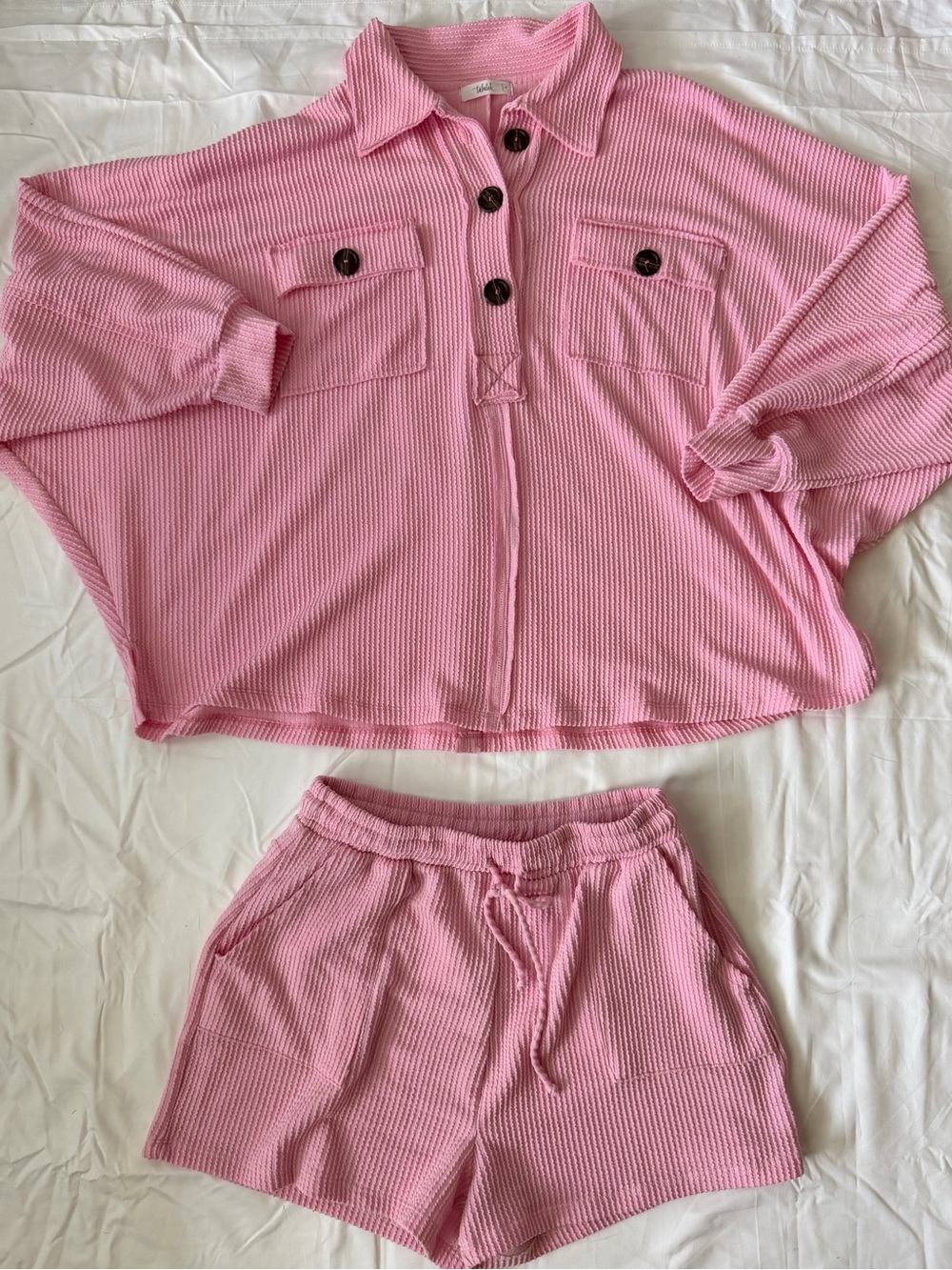 Shop Talulah Pink Matching Set Sz L Cropped Button Up Shirt + Drawstring Shorts